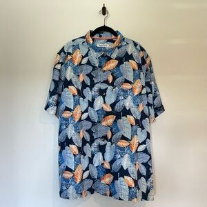 Tommy Bahama Blue and Orange Leaf Print Silk Hawaiian Shirt